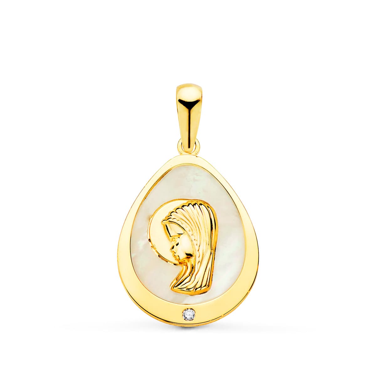 Medalla Virgen Niña Lagrima con Nacar y Circonita 15 x 12 mm de oro amarillo 18K
