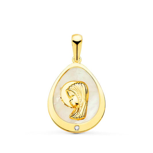 Medalla Virgen Niña Lagrima con Nacar y Circonita 15 x 12 mm de oro amarillo 18K