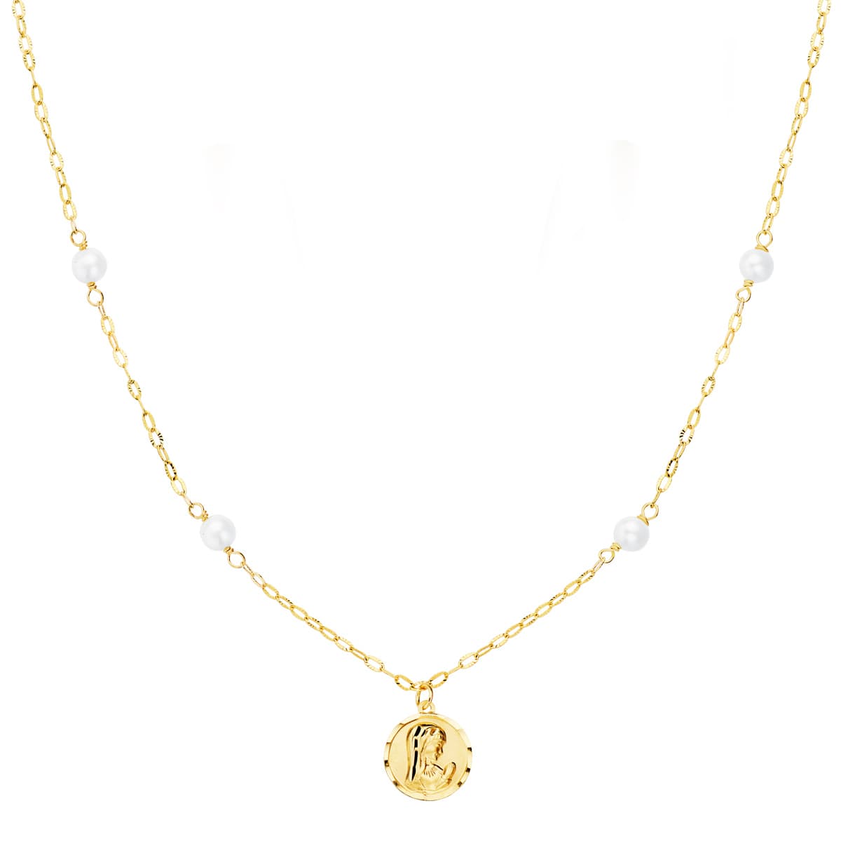 Gargantilla Virgen Niña 8 mm Perlas 3,5 mm Cadena Forzada 40 cm de oro amarillo 18K