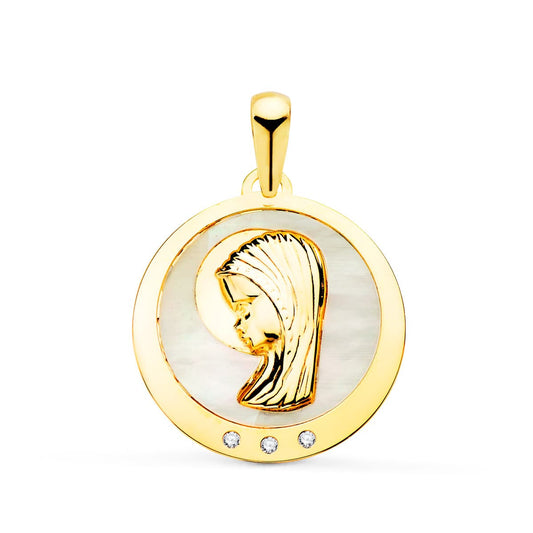 Medalla Virgen Niña con Nacar y Circonita 19 mm de oro amarillo 18K