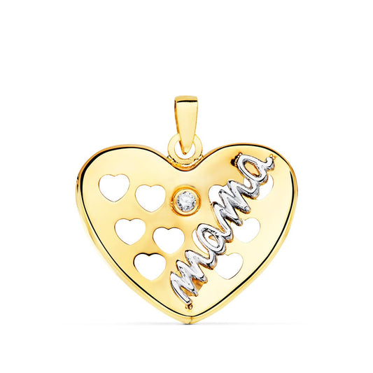 Colgante Bicolor Corazon con Corazones Calados y Circonita 20 x 16 mm 18K