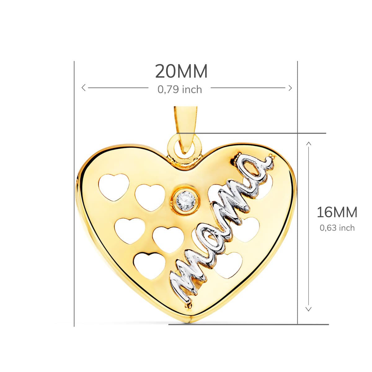 Colgante Bicolor Corazon con Corazones Calados y Circonita 20 x 16 mm 18K