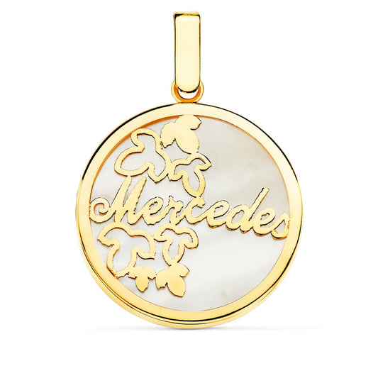 Colgante con Nacar Personalizado Flores y Nombre. 20 mm de oro amarillo 18K