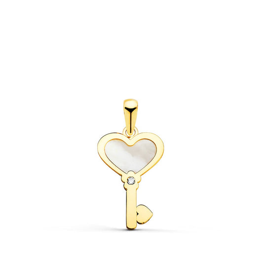Colgante Amuleto Llave de Nacar con Corazon y Circonita 18 x 11 mm C. Amor de oro amarillo 18K