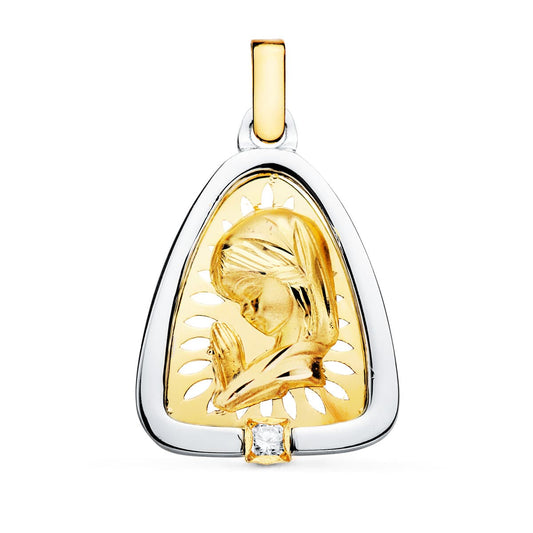 Medalla Virgen Niña y Plata Circonita 21 x 17 mm de oro amarillo 18K