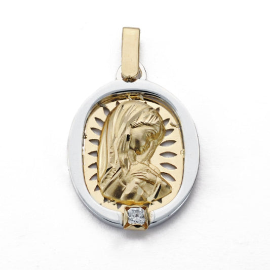 Medalla Virgen Niña Bicolor Calada con Circonita 24 x 17 mm de oro amarillo 18K