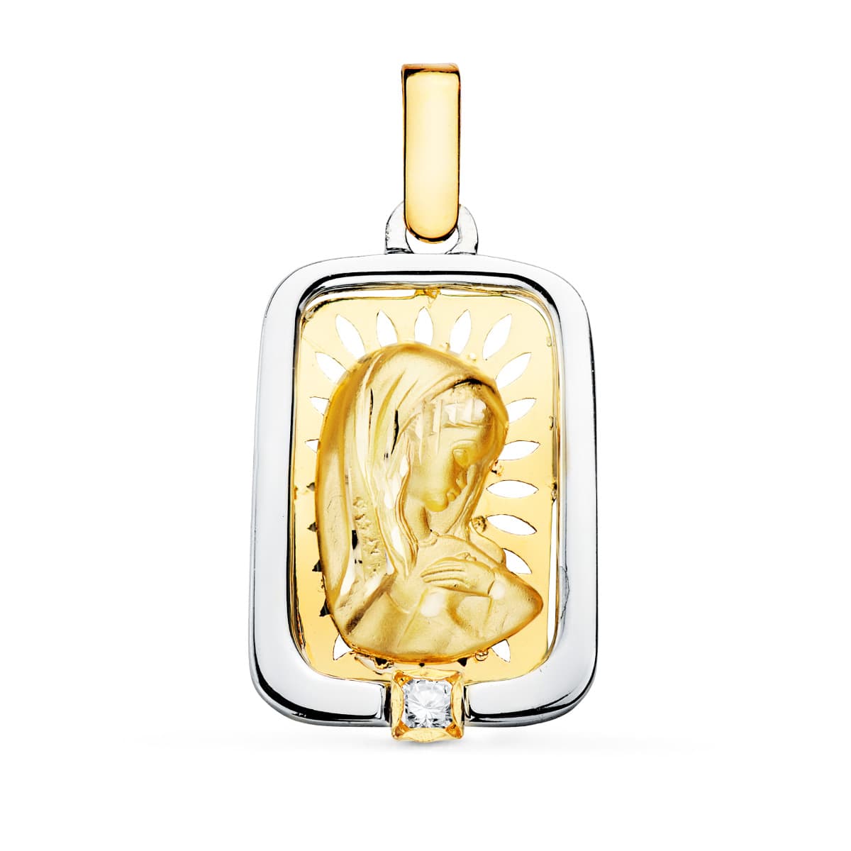 Medalla Virgen Niña y Plata Circonita 21 x 15 mm de oro amarillo 18K