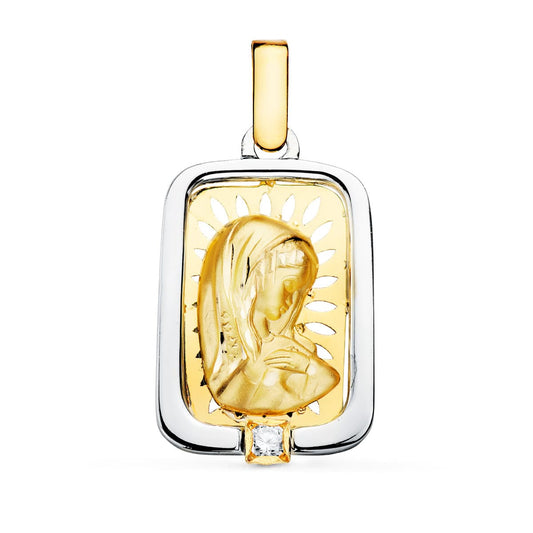 Medalla Virgen Niña y Plata Circonita 21 x 15 mm de oro amarillo 18K