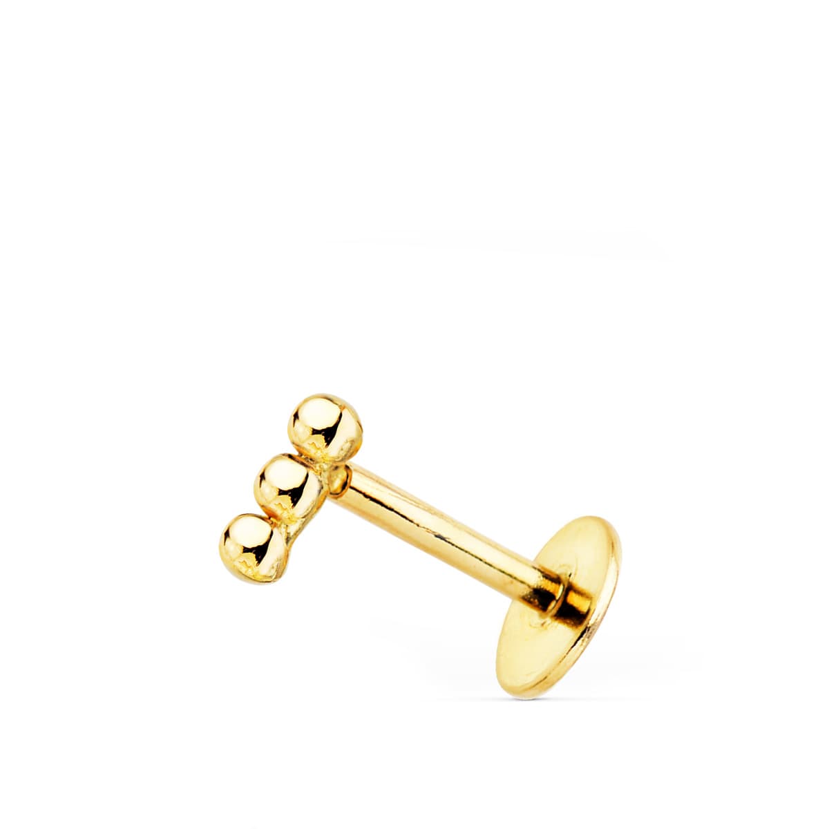 Piercing Oreja 3 Bolas Lisas 6 x 2 mm ( Unidad ) Grueso Barra 1,20 mm Longitud 7 mm Total Piercing 9 mm Cierre Tuerca de oro amarillo 18K