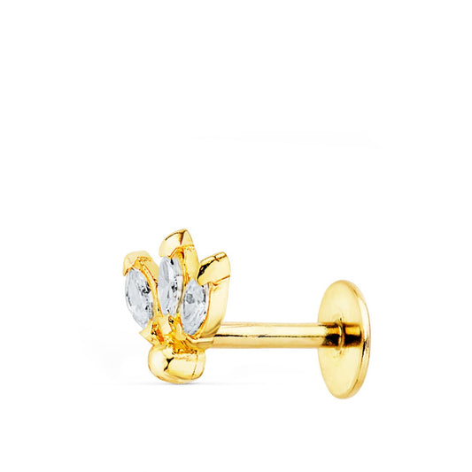 9K PIERCING OREJA ORO AMARILLO TRES HOJITAS CIRCONITA 6.5X6 MM ( UNIDAD )