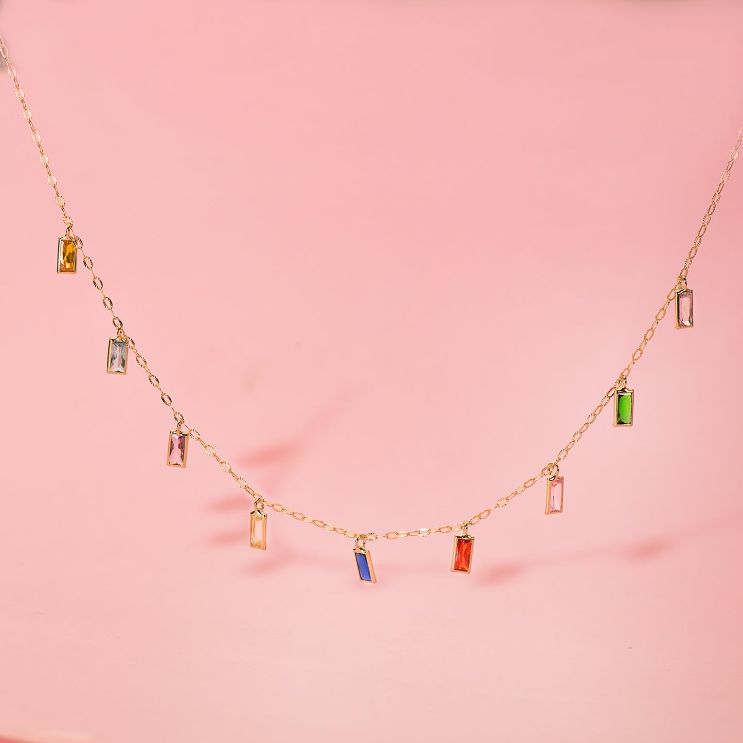 18K GARGANTILLA ORO AMARILLO Y COLGANTES DE CIRCONITA DE COLORES CADENA 42+3 CM