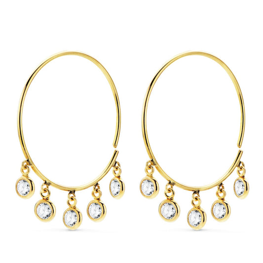Aros Hilo de 20 mm con 5 Colgantes Circonita Blancas de oro amarillo 18K