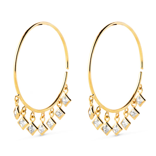 Aros Abiertos con Hilo 0,75 mm con Colgantes de Circonitas. Ancho 20 mm de oro amarillo 18K