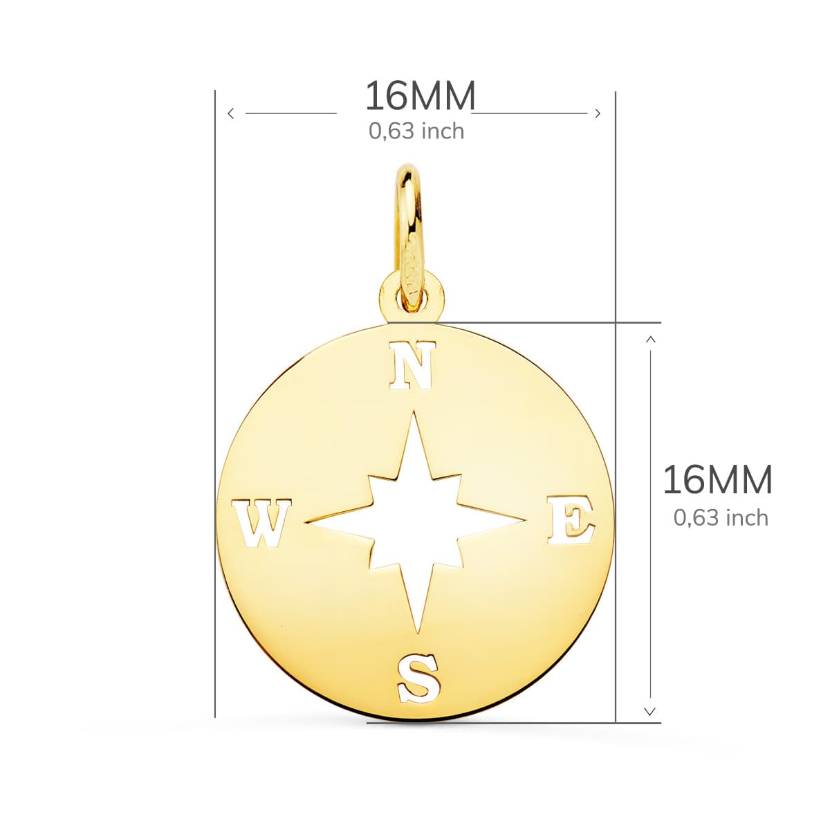 18K COLGANTE ORO AMARILLO ROSA DE LOS VIENTOS BRILLO Y CALADA 16 MM