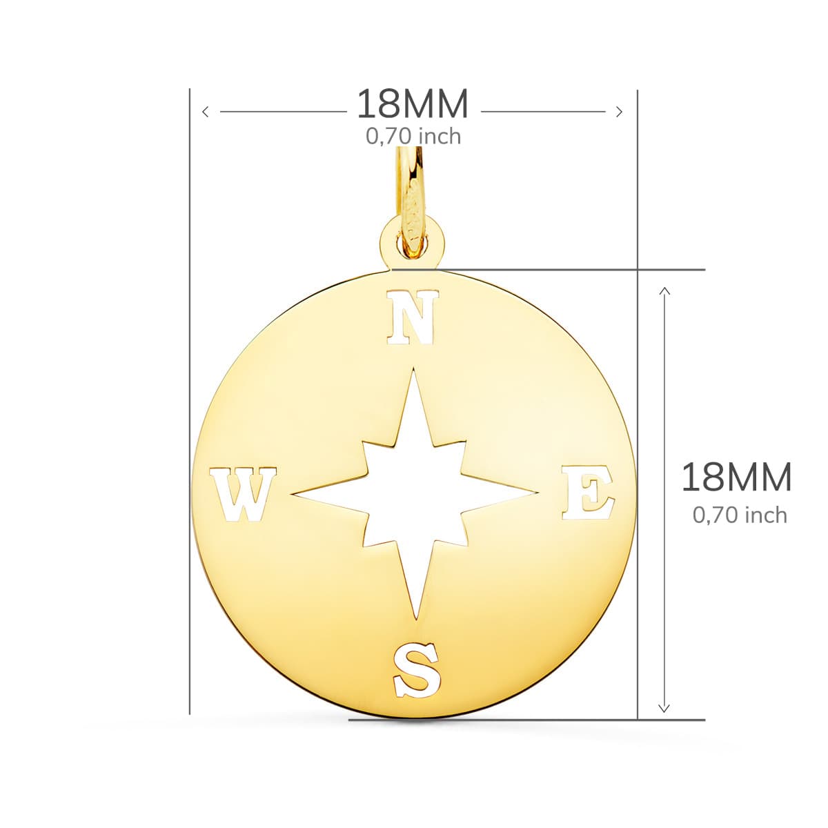 18K COLGANTE ORO AMARILLO ROSA DE LOS VIENTOS BRILLO Y CALADA 18 MM