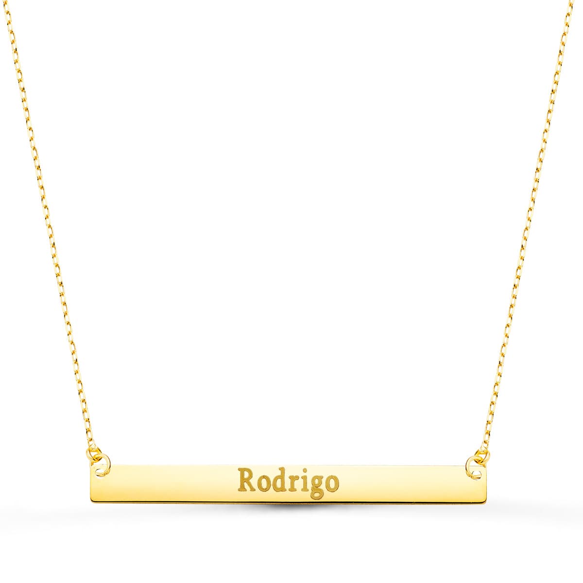 18K COLGANTE ORO AMARILLO PLACA CHAPA HORIZONTAL BRILLO 40X4 MM CADENA 44 2 CM