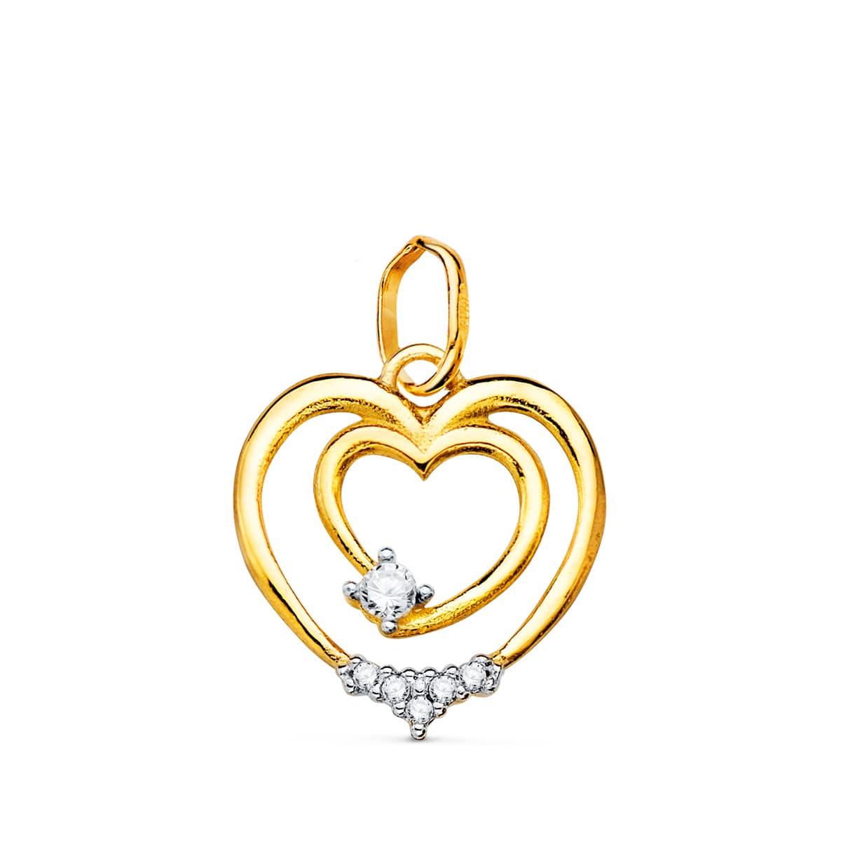 18K COLGANTE ORO BICOLOR DOBLE CORAZON CON CIRCONITA 15X14 MM C. AMOR