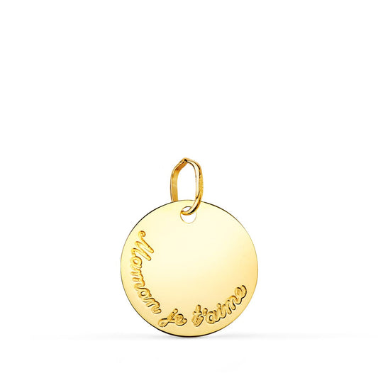 Colgante Disco Brillo 15 mm Maman Je Taime de oro amarillo 18K