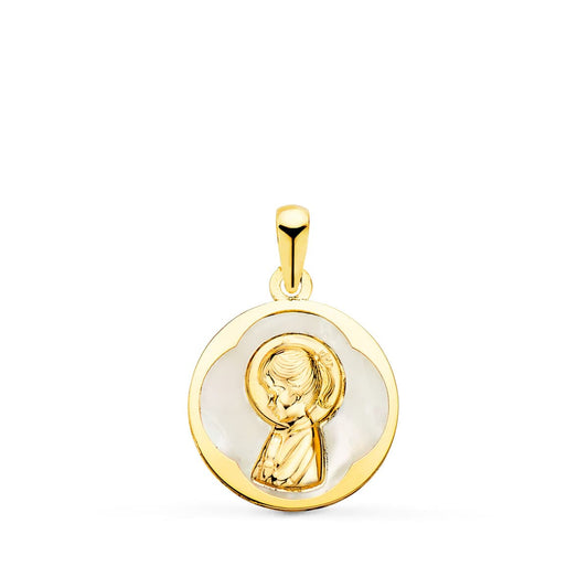 Medalla Redonda con Nacar Blanco y Virgen Niña. 15 mm de oro amarillo 18K