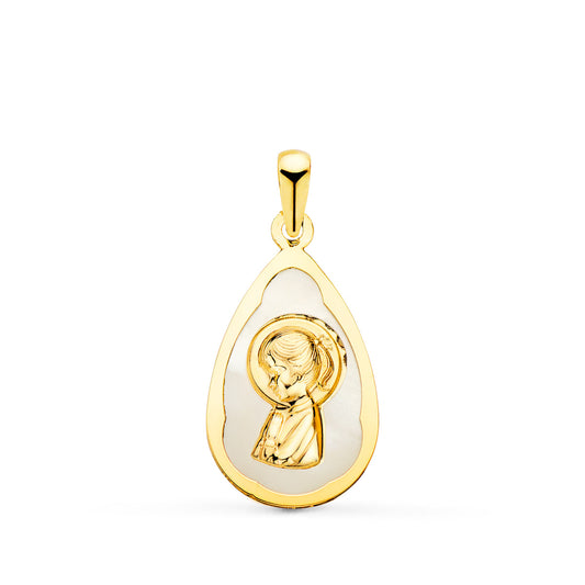 Medalla Gota con Nacar Blanco y Virgen Niña 19 x 12 mm de oro amarillo 18K