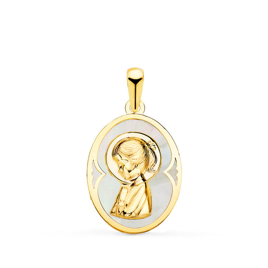 Medalla Oval con Nacar Blanco y Virgen Niña 19 x 14 mm de oro amarillo 18K
