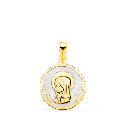 Medalla Redonda con Nacar Blanco y Virgen Niña. 15 mm de oro amarillo 18K