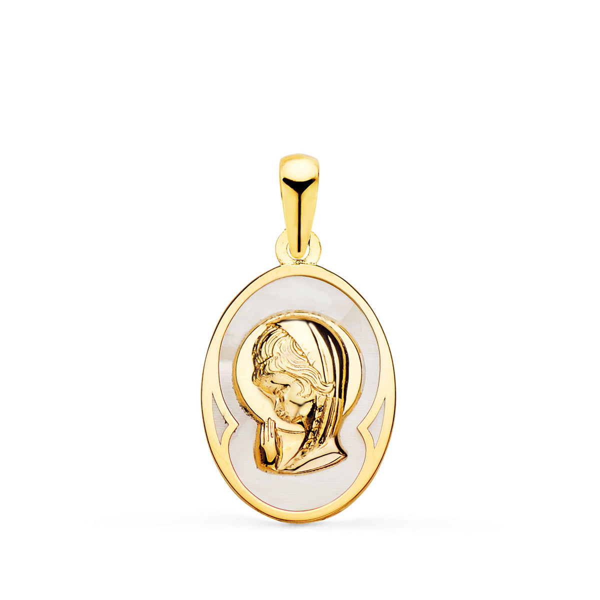 Medalla Oval con Nacar Blanco y Virgen Niña 17 x 12 mm de oro amarillo 18K