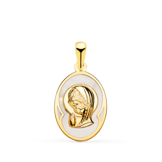 Medalla Oval con Nacar Blanco y Virgen Niña 17 x 12 mm de oro amarillo 18K