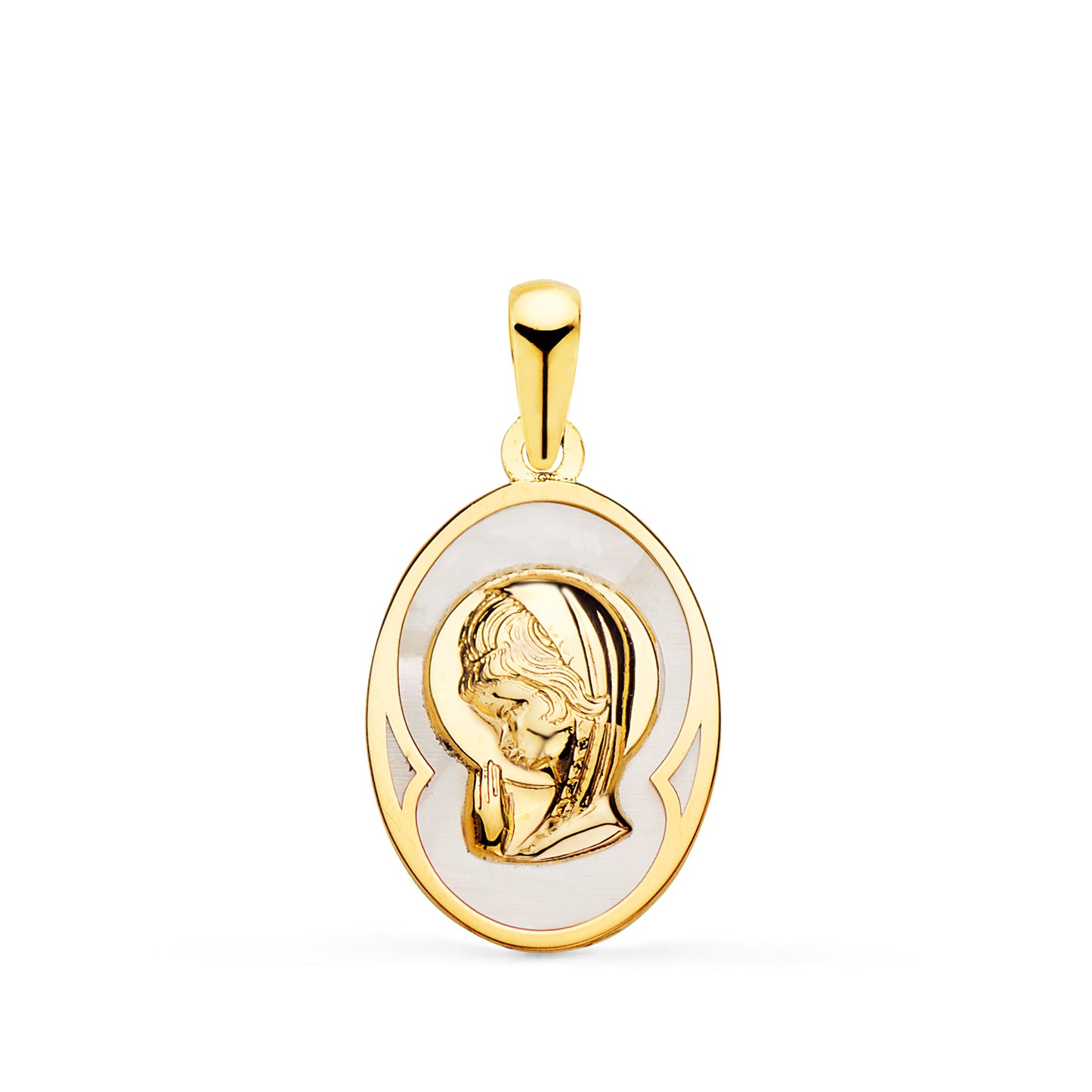 18K MEDALLA ORO AMARILLO OVAL CON NACAR BLANCO Y VIRGEN NIÑA 17 X 12 MM