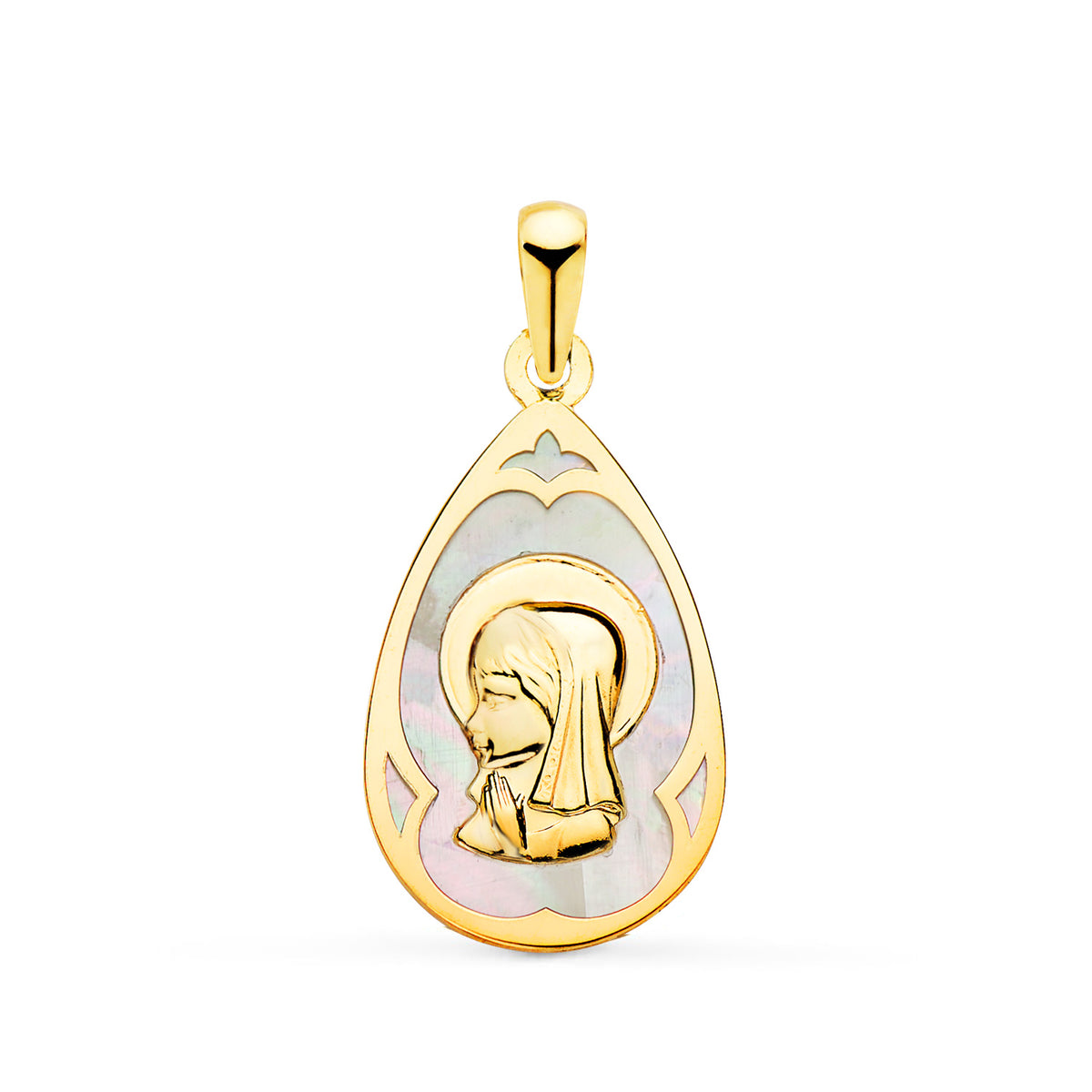 Medalla Gota con Nacar Blanco y Virgen Niña 21 x 14 mm de oro amarillo 18K