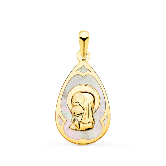 Medalla Gota con Nacar Blanco y Virgen Niña 21 x 14 mm de oro amarillo 18K