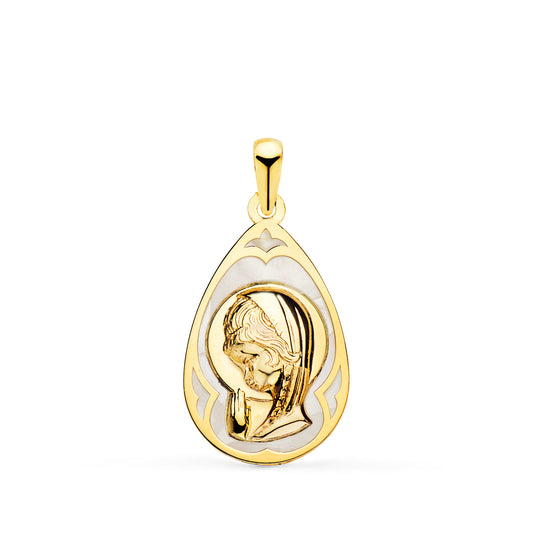 Medalla Gota con Nacar Blanco y Virgen Niña 19 x 12 mm de oro amarillo 18K