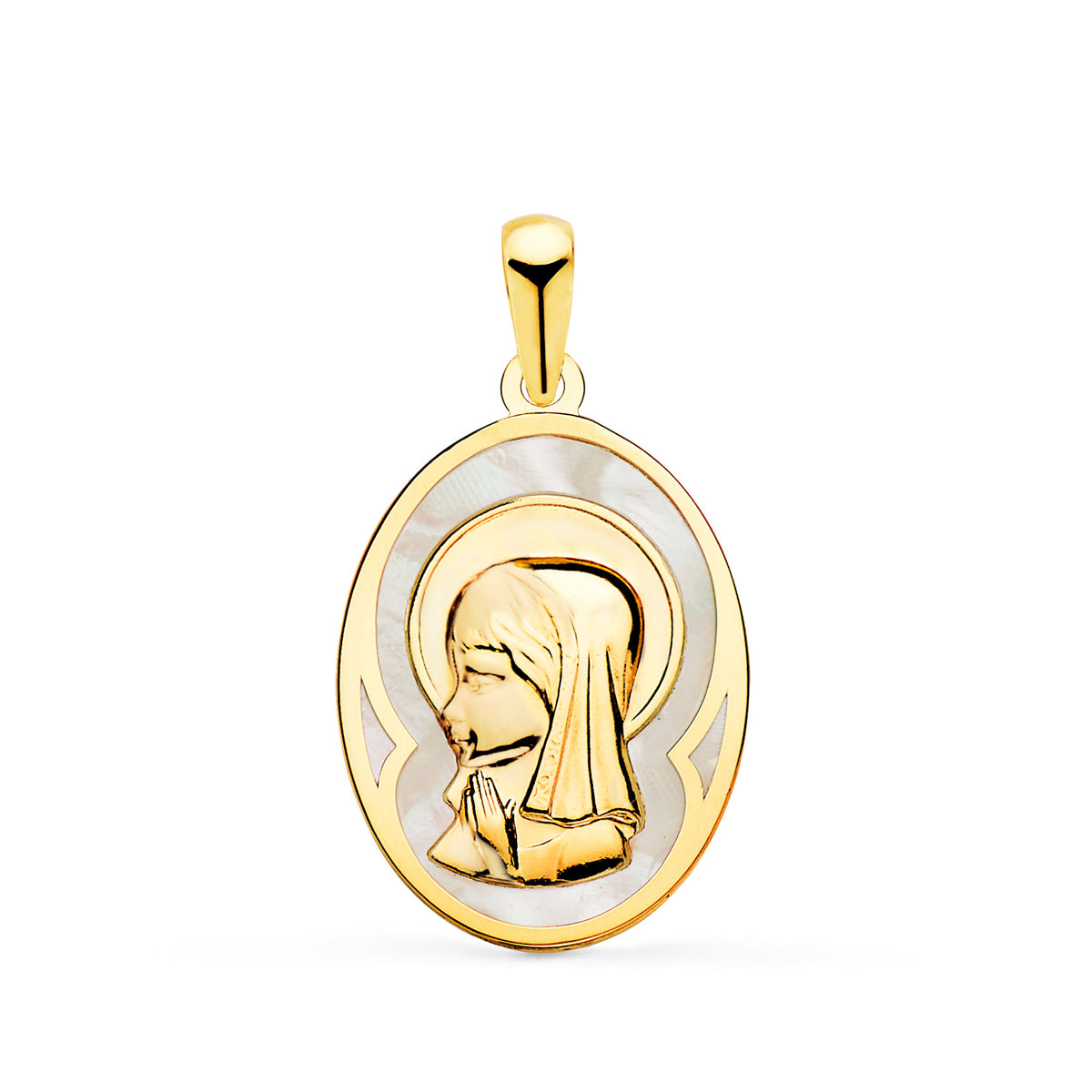Medalla Ovalada con Nacar Blanco y Virgen Niña 17 x 12 mm de oro amarillo 18K