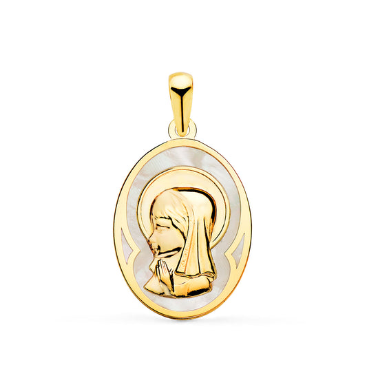 Medalla Ovalada con Nacar Blanco y Virgen Niña 17 x 12 mm de oro amarillo 18K