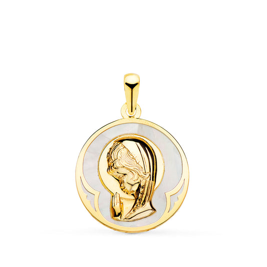 18K MEDALLA ORO AMARILLO REDONDA CON NACAR BLANCO Y VIRGEN NIÑA 15 MM