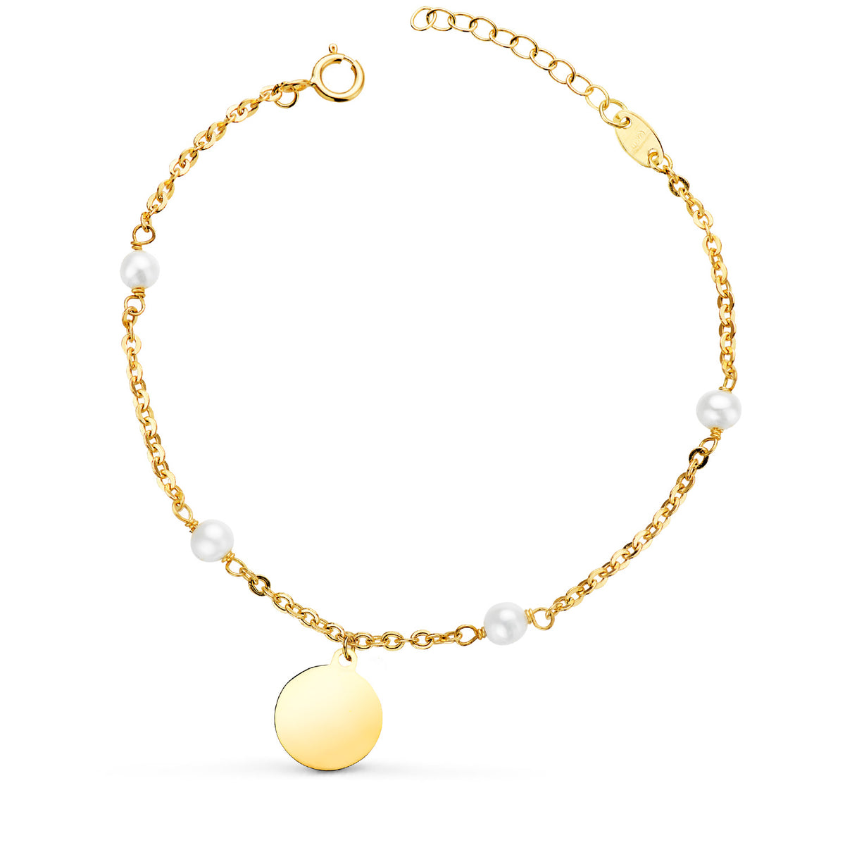 Pulsera con Perlas 3,5 mm y Placa Chapa Redonda 10 mm. Largo: 15 2 cm de oro amarillo 18K
