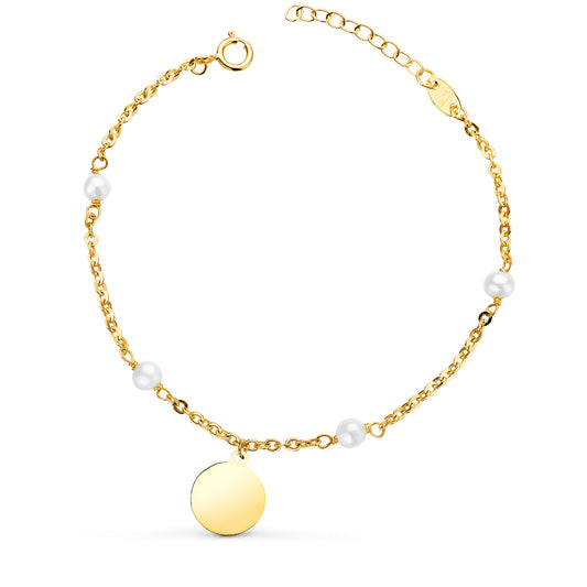 Pulsera con Perlas 3,5 mm y Placa Chapa Redonda 10 mm. Largo: 15 2 cm de oro amarillo 18K