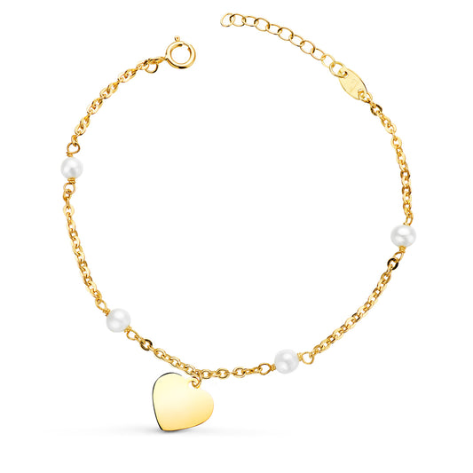 Pulsera con Perlas 3,5 mm y Placa Chapa Corazon 10 mm. Largo: 15 2 cm C. Amor de oro amarillo 18K