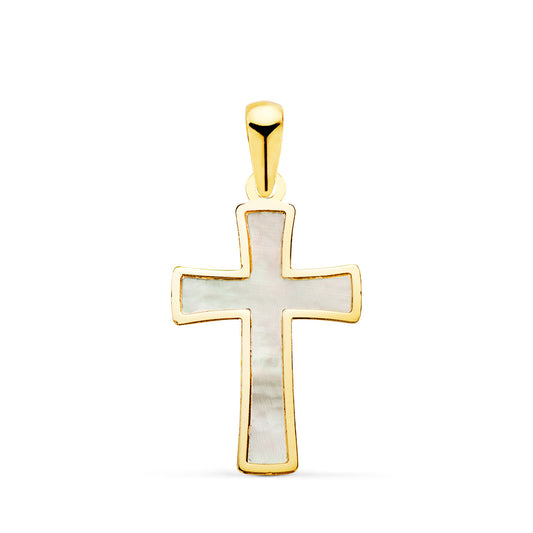 18K CRUZ ORO AMARILLO CON NACAR Y BORDE EN BRILLO. MEDIDA: 20 X 12 MM