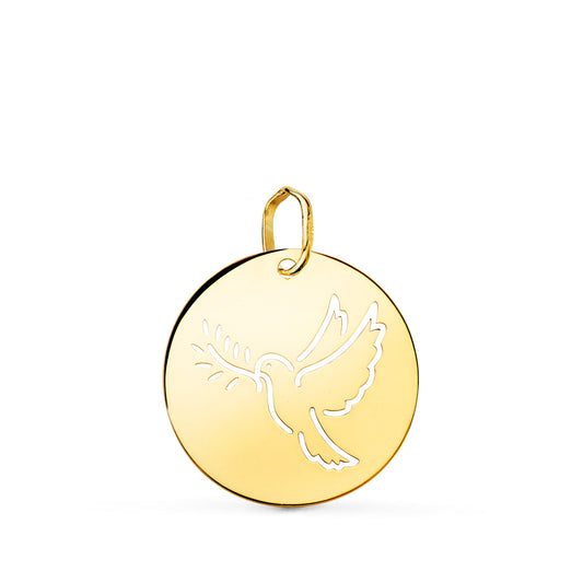 Colgante Redondo con Paloma Calada en Brillo 18 mm Ç de oro amarillo 18K