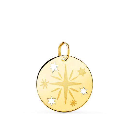 18K COLGANTE AMULETO ORO AMARILLO REDONDO ROSA DE LOS VIENTOS GRABADA EN BRILLO 18 MM
