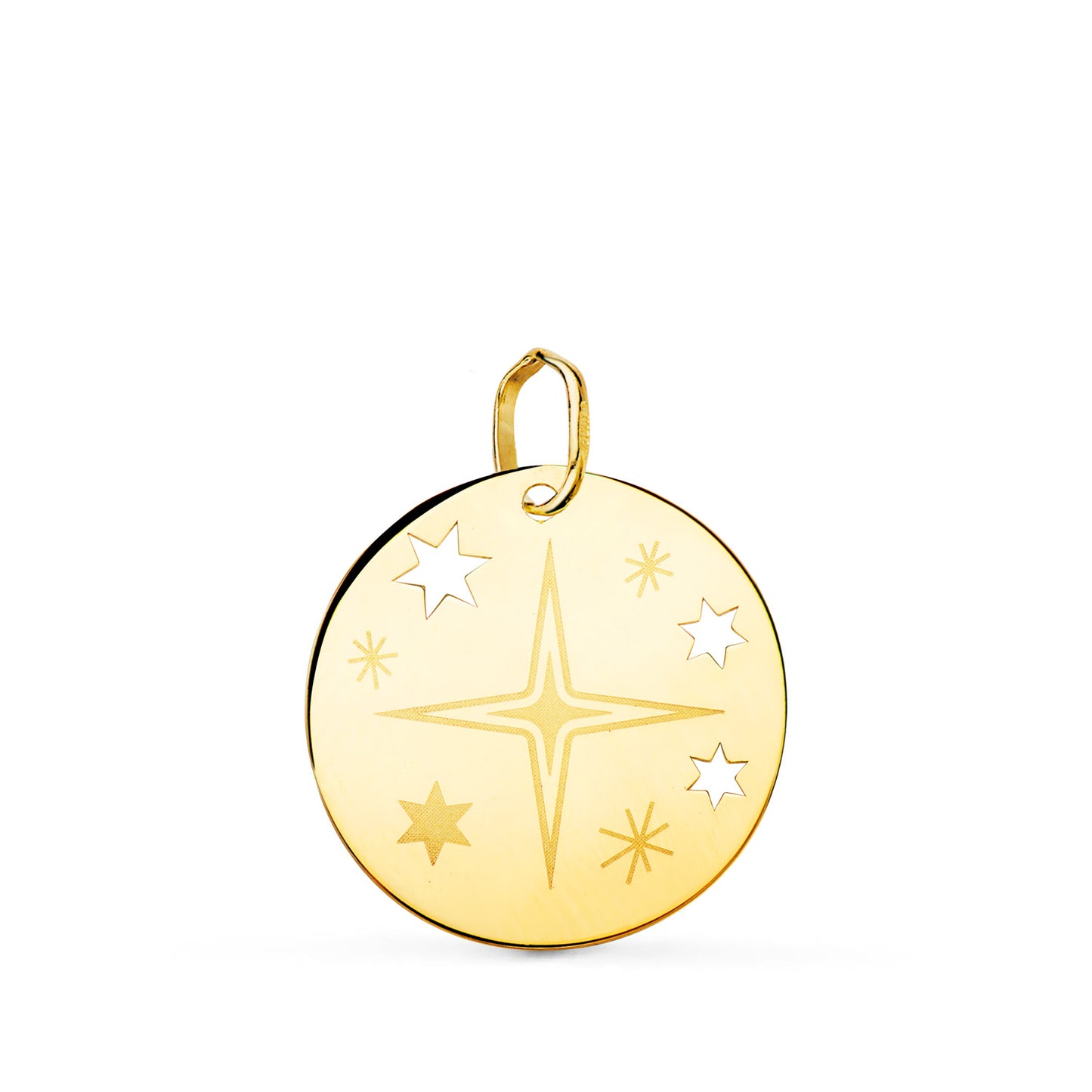 18K COLGANTE AMULETO ORO AMARILLO REDONDO ROSA DE LOS VIENTOS GRABADA EN BRILLO 18 MM