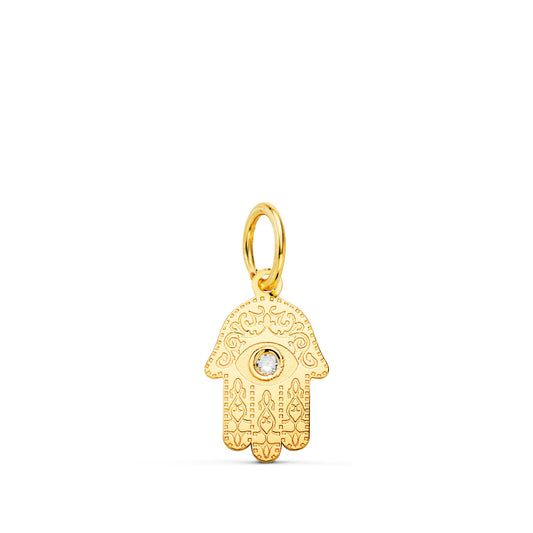 18K COLGANTE AMULETO ORO AMARILLO MANO DE FATIMA TALLADA CIRCONITA 11 X 6,5MM