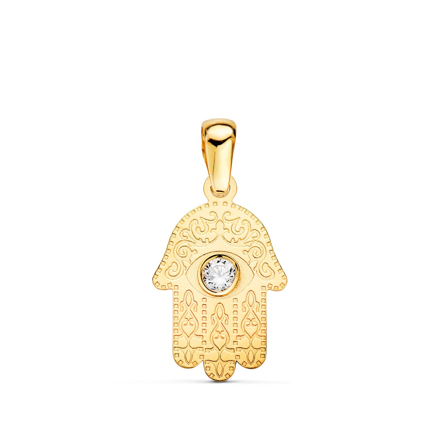 18K COLGANTE AMULETO ORO AMARILLO MANO DE FATIMA TALLADA CIRCONITA 15 X 9MM