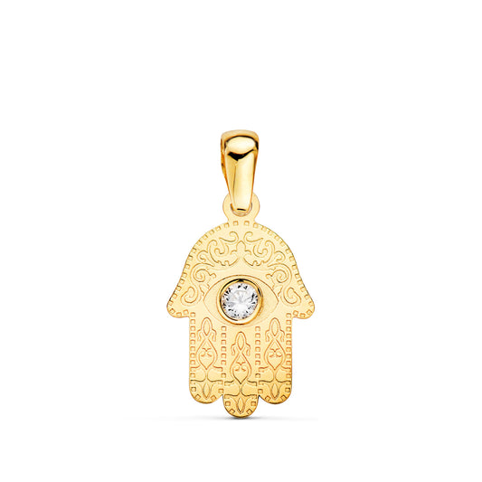 18K COLGANTE AMULETO ORO AMARILLO MANO DE FATIMA TALLADA CIRCONITA 15 X 9MM