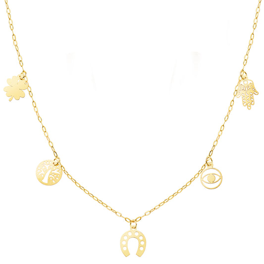 18K GARGANTILLA ORO AMARILLO CON COLGANTES DE LA SUERTE CADENA FORZADA 42 3 CM