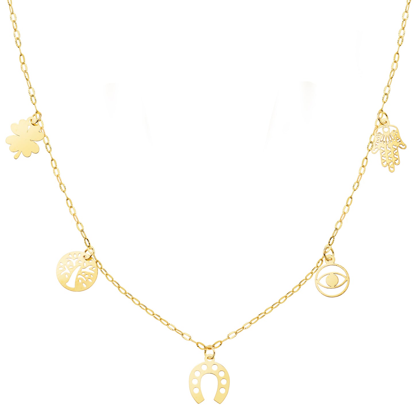 18K GARGANTILLA ORO AMARILLO CON COLGANTES DE LA SUERTE CADENA FORZADA 42 3 CM