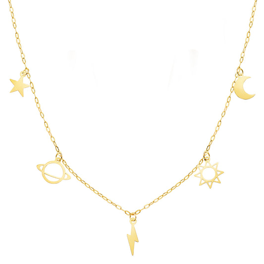 18K GARGANTILLA ORO AMARILLO CON COLGANTES UNIVERSO CADENA FORZADA TALLADA 42 3 CM
