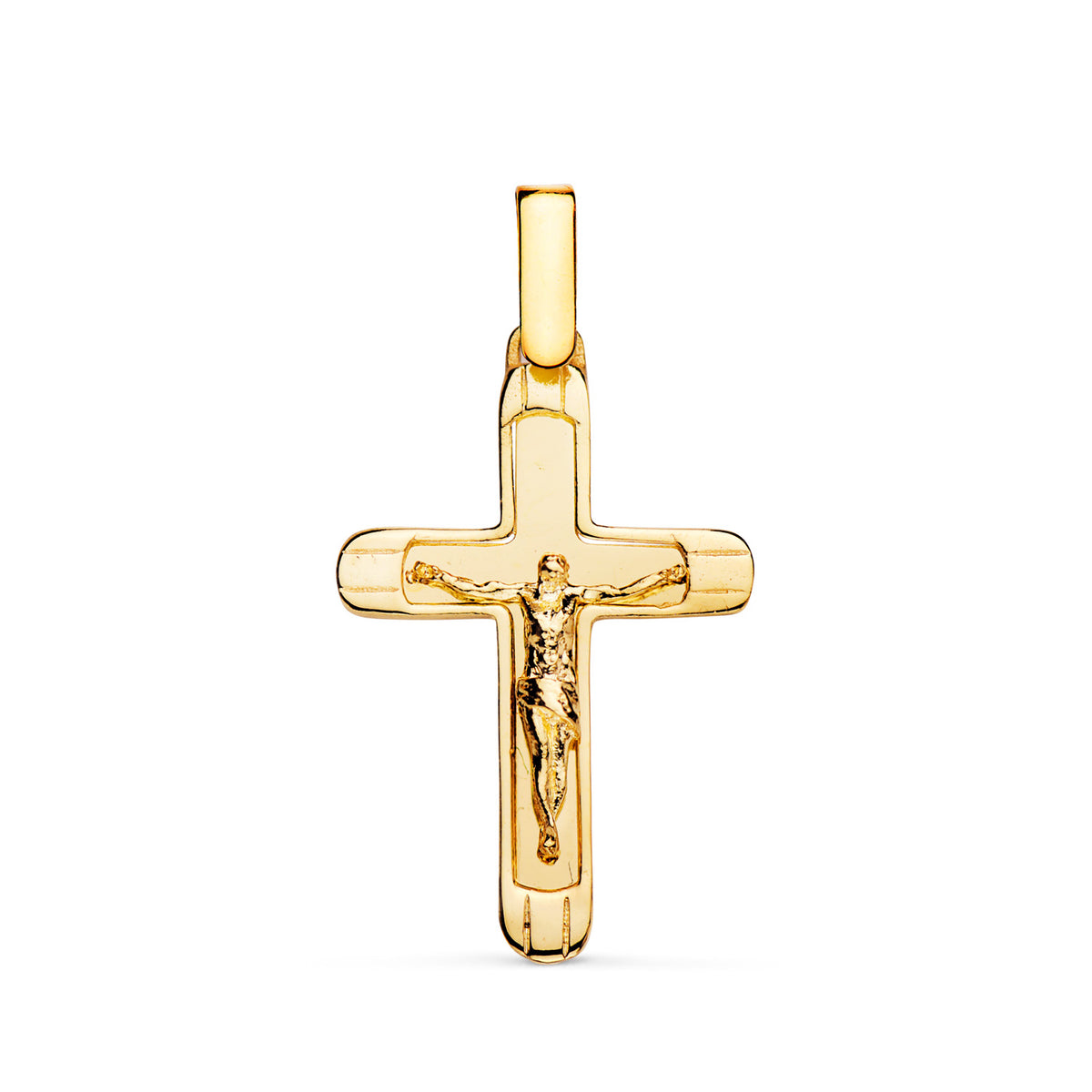 Cruz con Cristo en Brillo con Bordes 25 x 17 mm de oro amarillo 18K