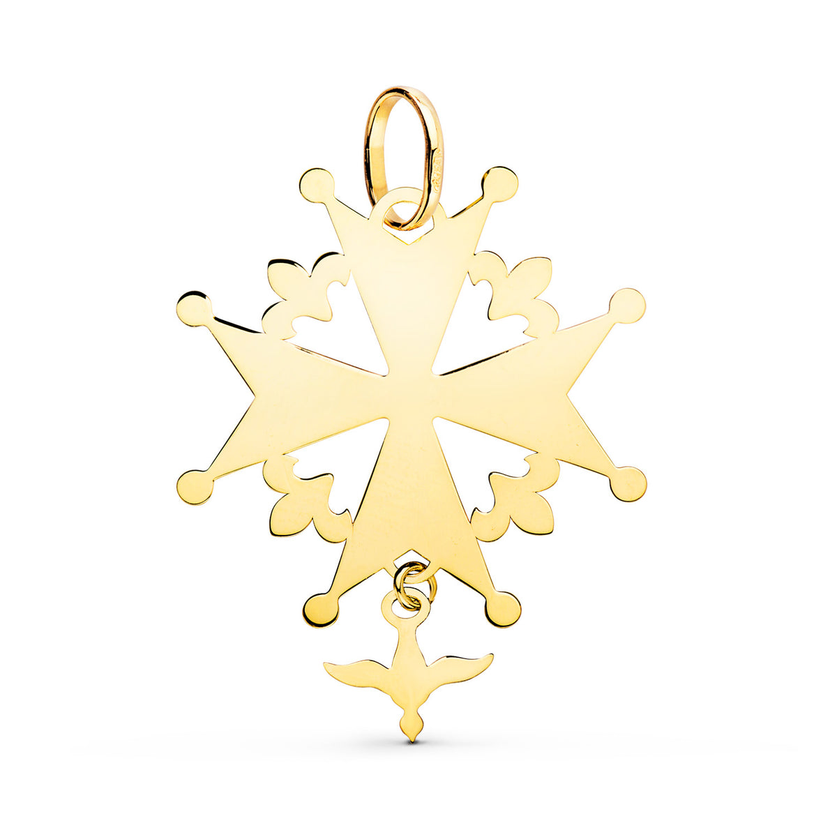 Cruz de Huguenotte con Paloma en Brillo. 25 x 20 mm de oro amarillo 18K